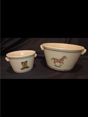 Vintage 90s western stoneware bowls Horse & Boots barbwire set of 2